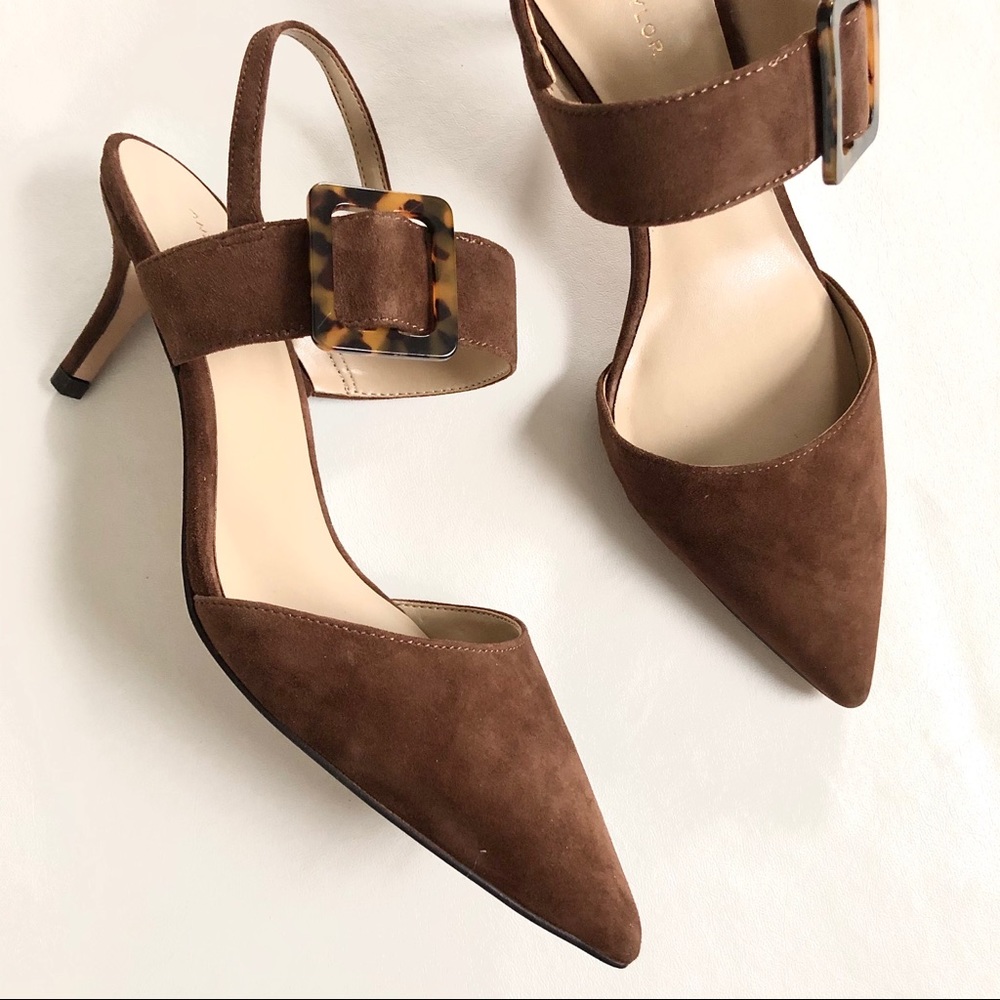 Ann Taylor Brown Suede Pointed Toe Slingback Heels with Buckle - Picture 3 of 7